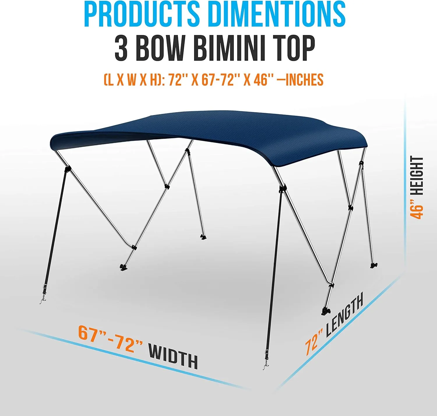 SereneLife Waterproof Boat Bimini Top Cover-67-72'W 3 Bow Bimini Top Canvas Sun Shade Boat Canopy 1' Double Wall Alu Frame Tube,2 Straps 2 Rear Support Poles,Storage Boot-SLBT3NAV672(Navy Blue)