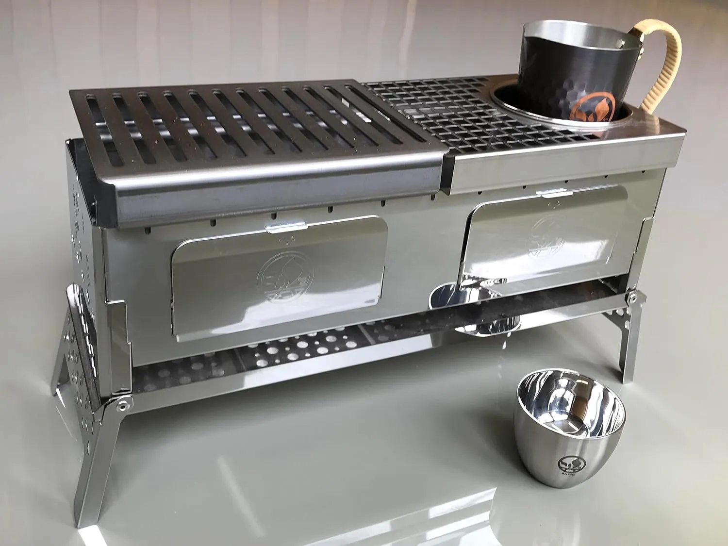 Sho's B-VI-DUO, Compact Hibachi Grill "KAN"(hot sake) Grill set, foldable hibachi, sake warm & grill plate, carafe, cup
