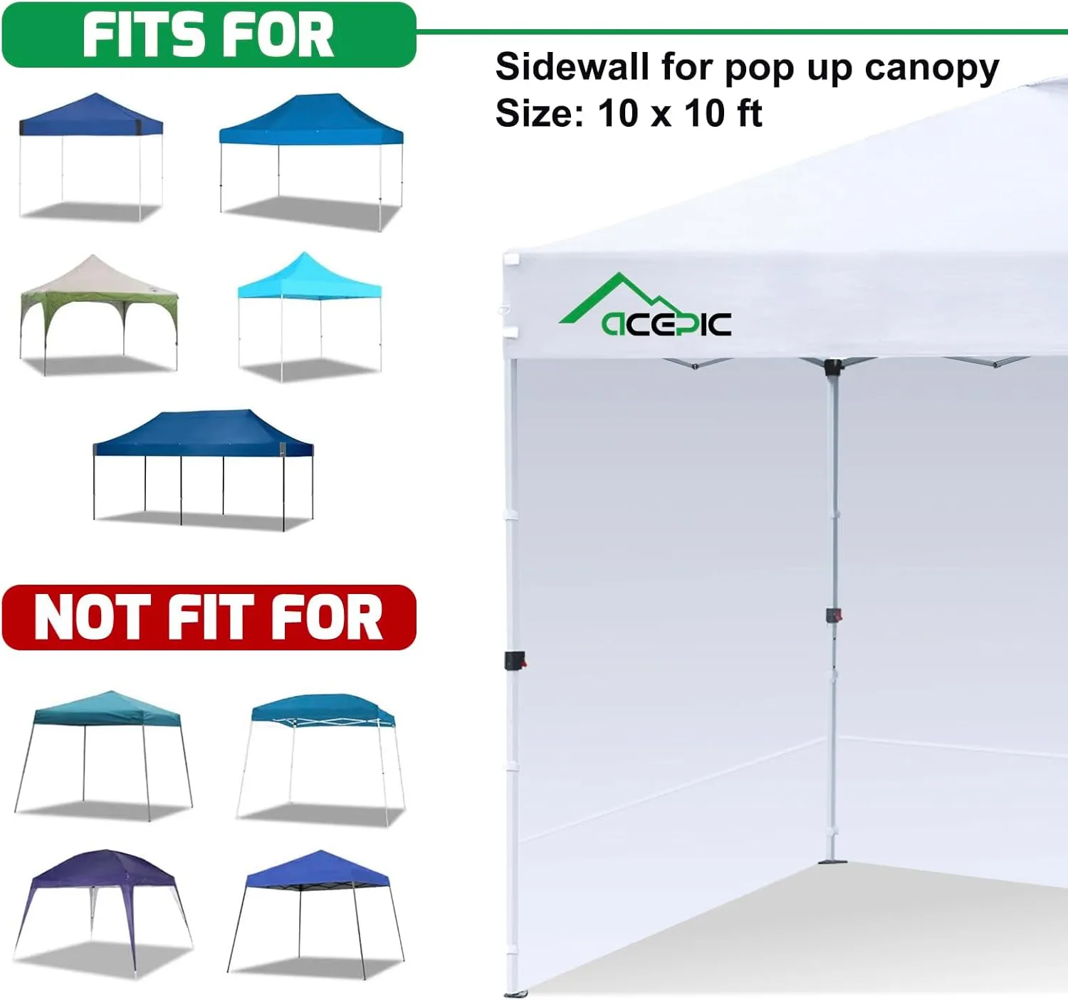 Sidewalls for 10x10 Pop Up Canopy, 210D Polyester Waterproof Canopy Sidewalls with UV Protection, Sunwall Only (White, 10X10 3PCS)