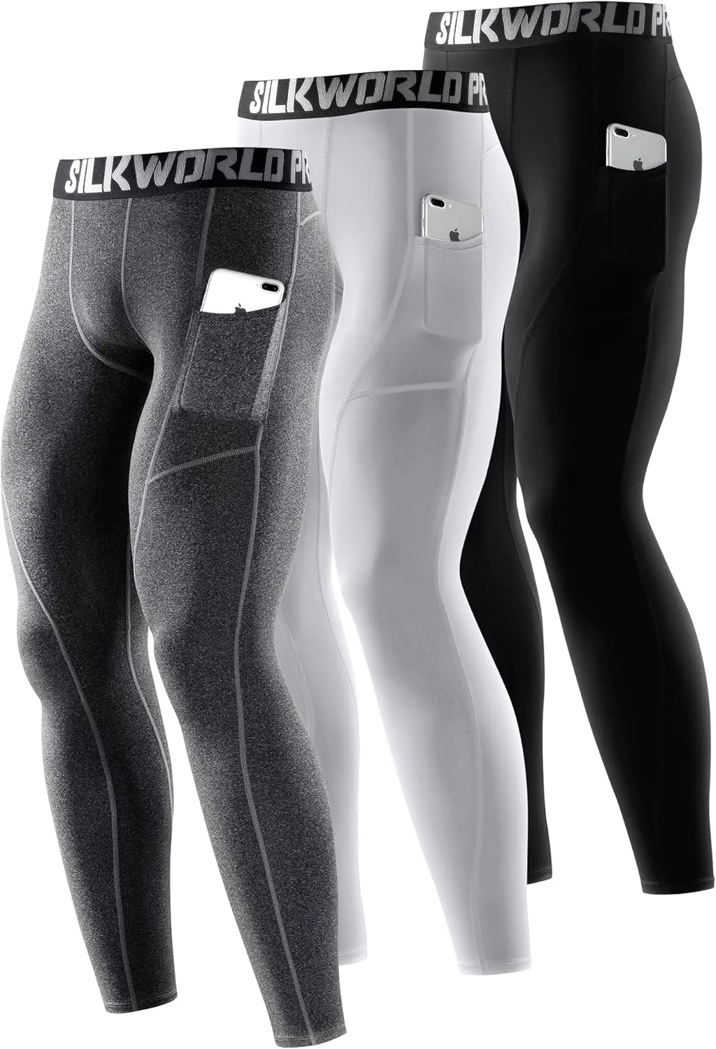 SILKWORLD Men's 1~3 Pack Compression Pants Pockets Cool Dry Gym Leggings Baselayer Running Tights