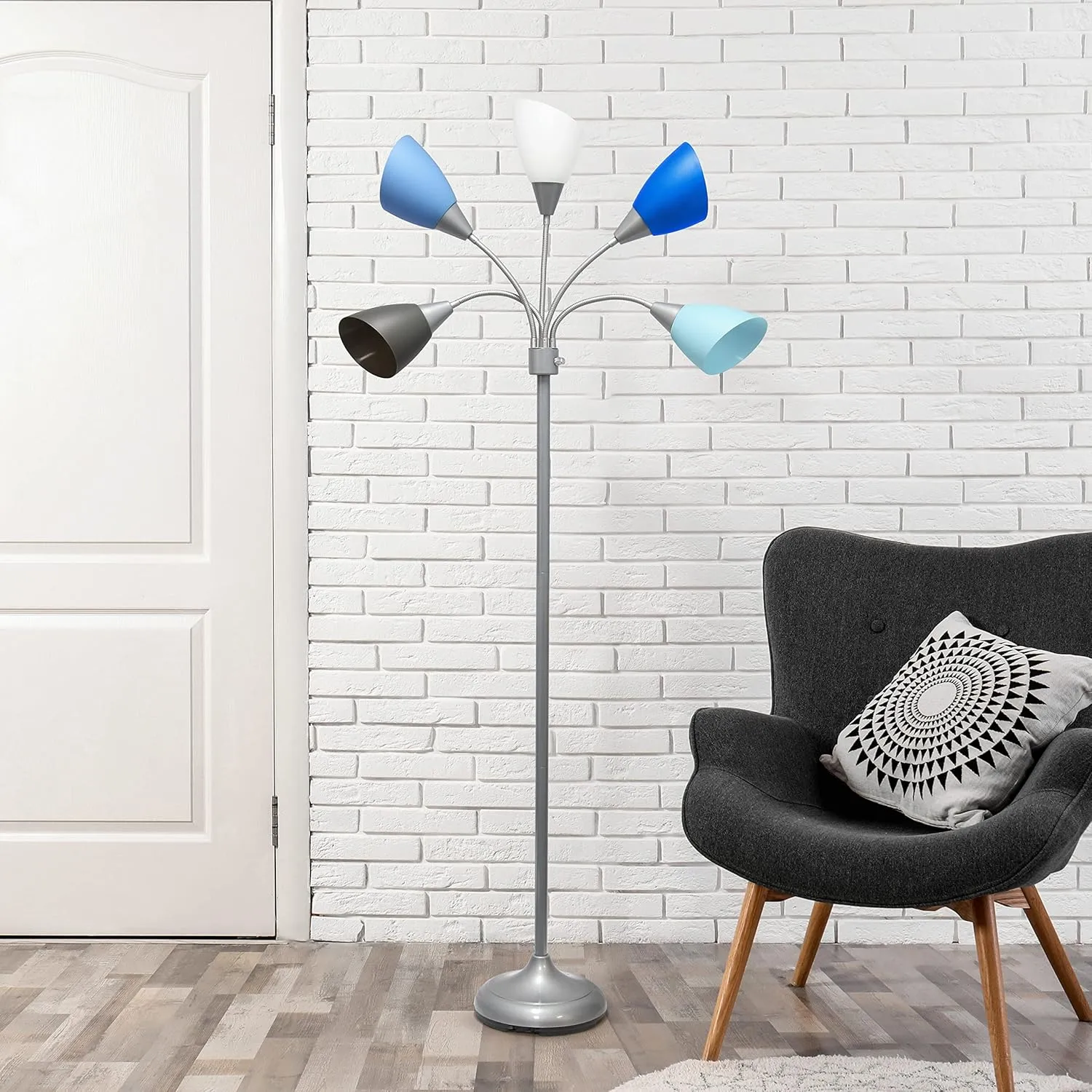 Simple Designs LF2006-SBG 67" Contemporary Multi Head Medusa 5 Light Adjustable Gooseneck Silver Floor Lamp with Blue, White, Gray Shades for Kids Bedroom Playroom Living Room Office