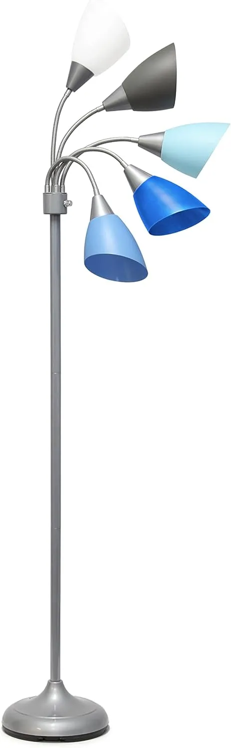 Simple Designs LF2006-SBG 67" Contemporary Multi Head Medusa 5 Light Adjustable Gooseneck Silver Floor Lamp with Blue, White, Gray Shades for Kids Bedroom Playroom Living Room Office