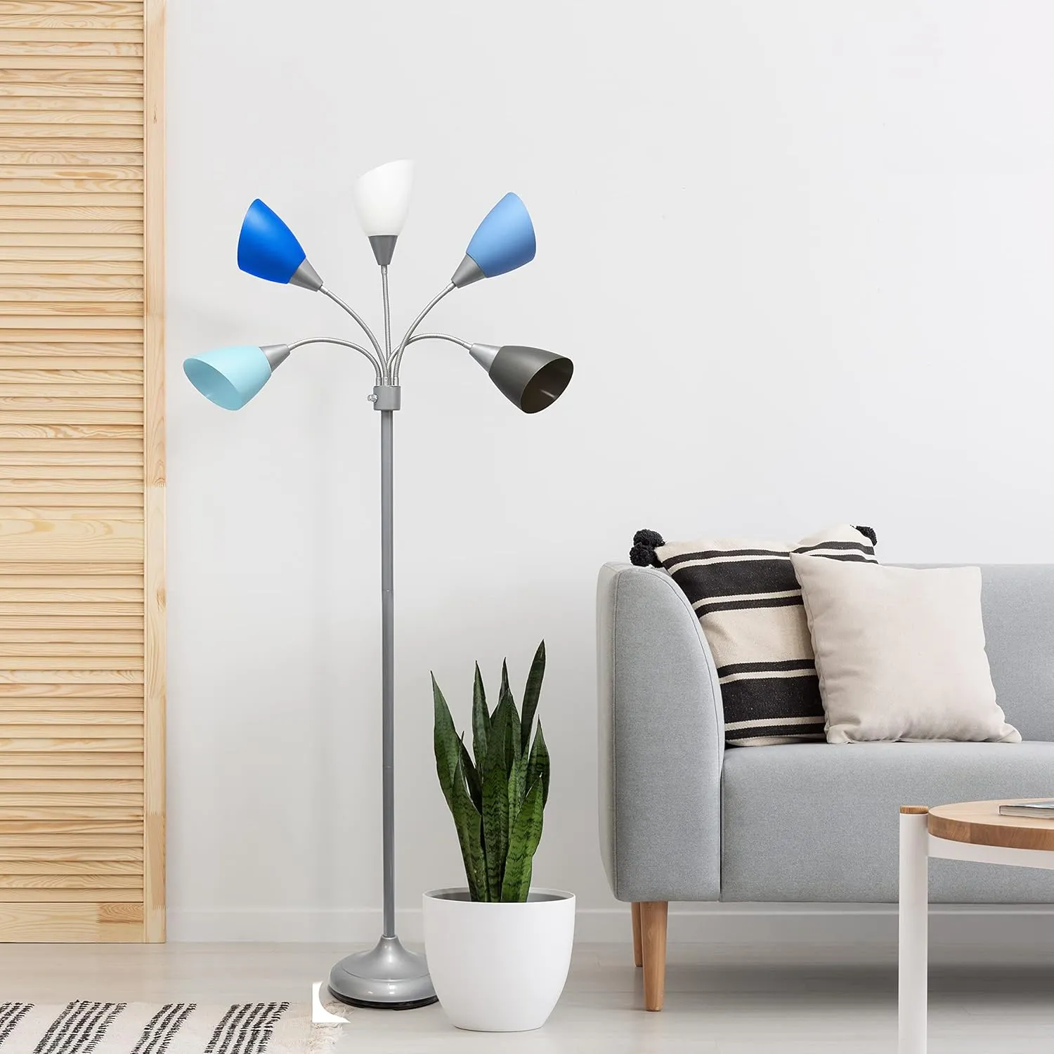 Simple Designs LF2006-SBG 67" Contemporary Multi Head Medusa 5 Light Adjustable Gooseneck Silver Floor Lamp with Blue, White, Gray Shades for Kids Bedroom Playroom Living Room Office