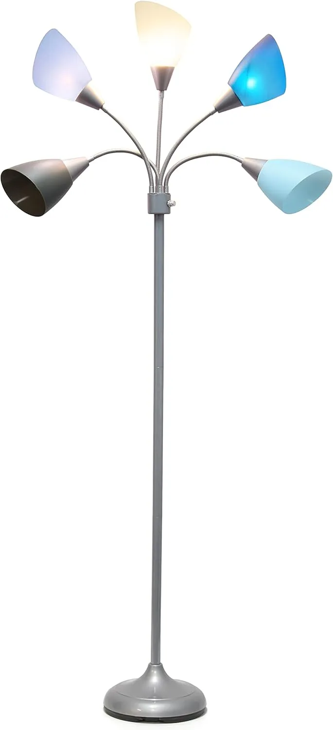 Simple Designs LF2006-SBG 67" Contemporary Multi Head Medusa 5 Light Adjustable Gooseneck Silver Floor Lamp with Blue, White, Gray Shades for Kids Bedroom Playroom Living Room Office