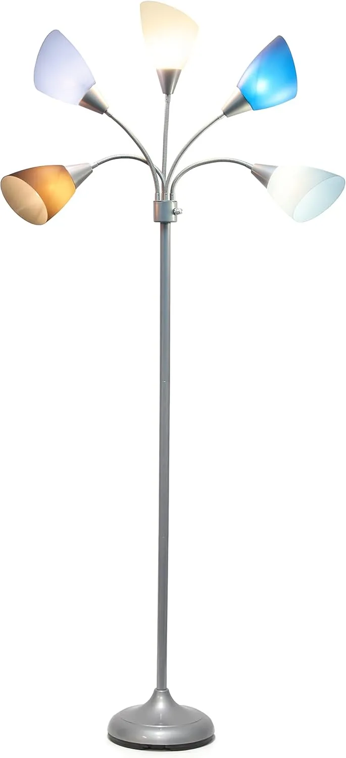 Simple Designs LF2006-SBG 67" Contemporary Multi Head Medusa 5 Light Adjustable Gooseneck Silver Floor Lamp with Blue, White, Gray Shades for Kids Bedroom Playroom Living Room Office