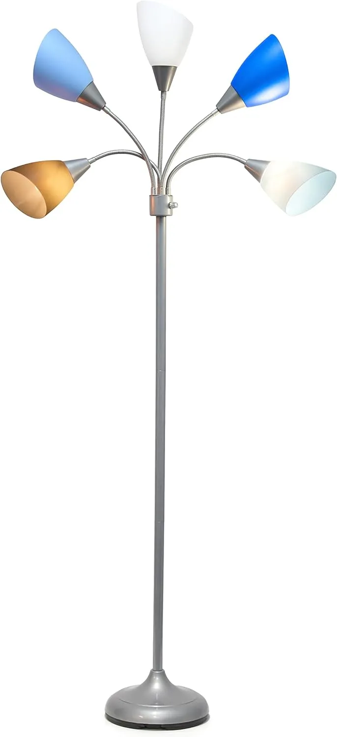 Simple Designs LF2006-SBG 67" Contemporary Multi Head Medusa 5 Light Adjustable Gooseneck Silver Floor Lamp with Blue, White, Gray Shades for Kids Bedroom Playroom Living Room Office