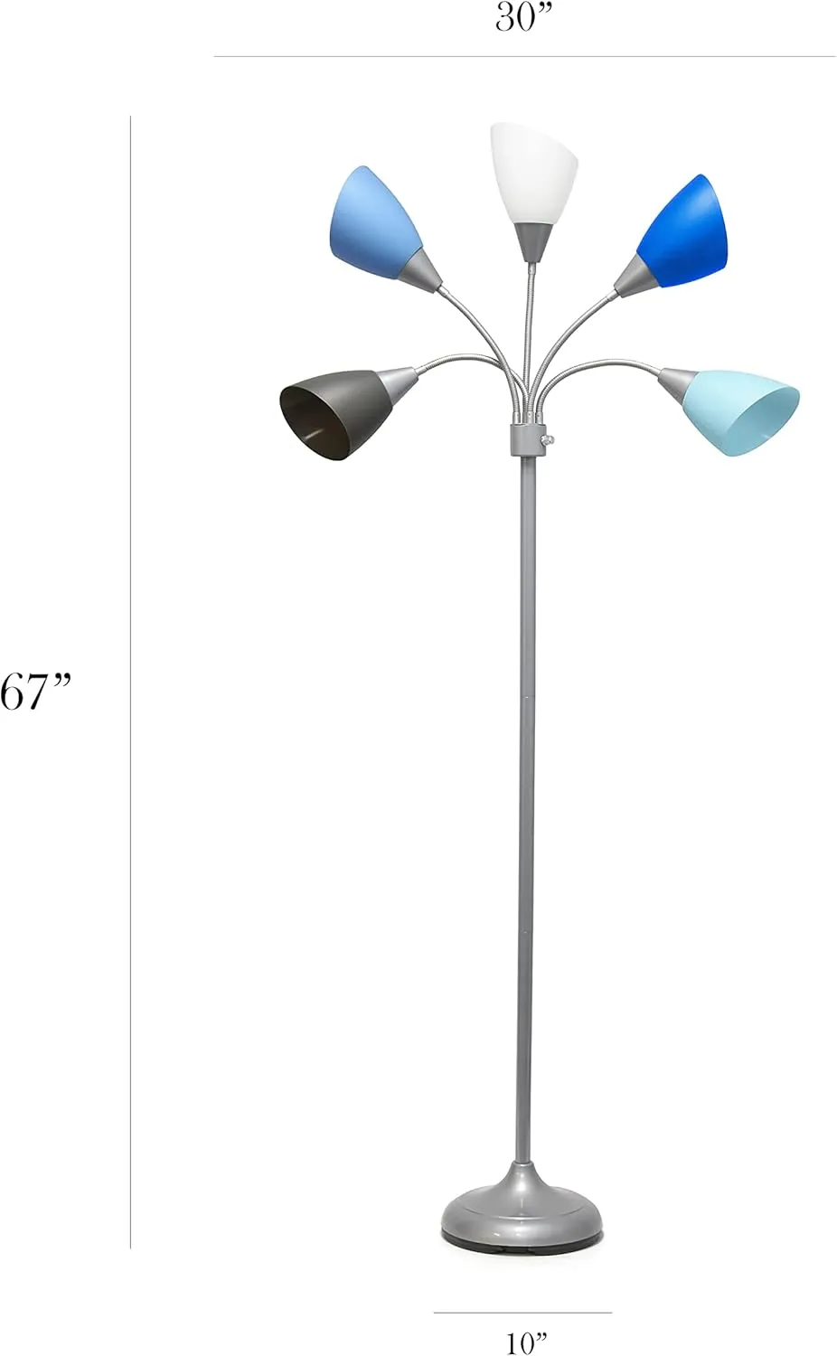 Simple Designs LF2006-SBG 67" Contemporary Multi Head Medusa 5 Light Adjustable Gooseneck Silver Floor Lamp with Blue, White, Gray Shades for Kids Bedroom Playroom Living Room Office