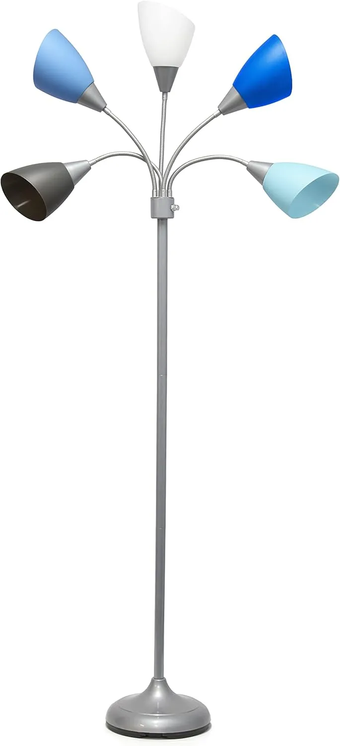 Simple Designs LF2006-SBG 67" Contemporary Multi Head Medusa 5 Light Adjustable Gooseneck Silver Floor Lamp with Blue, White, Gray Shades for Kids Bedroom Playroom Living Room Office