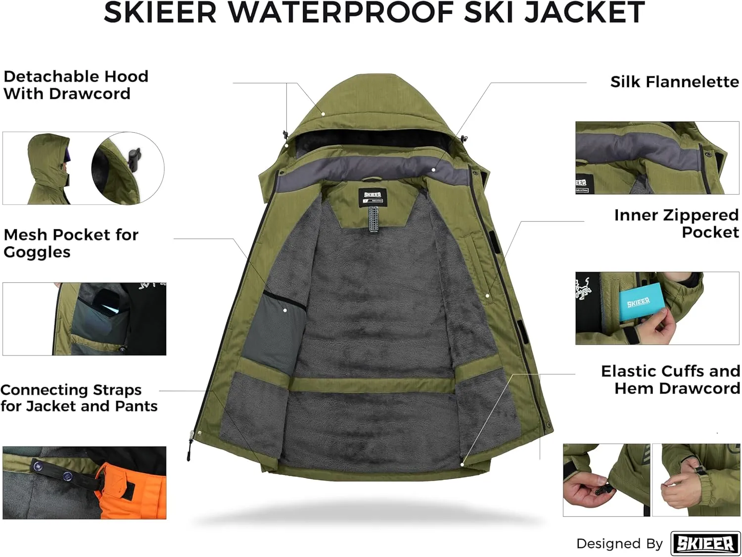 Skieer Men's Mountain Waterproof Ski Jacket Winter Rain Jacket Warm Fleece Snow Coat