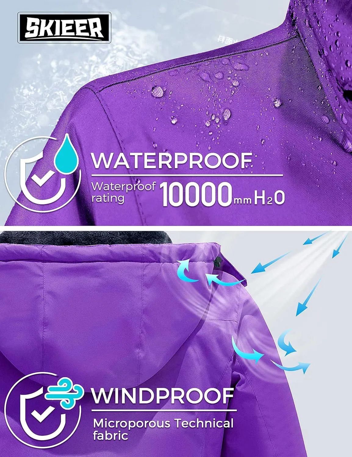 Skieer Women's Ski Jacket Waterproof Windproof Snowboard Jacket Warm Hooded Winter Coat