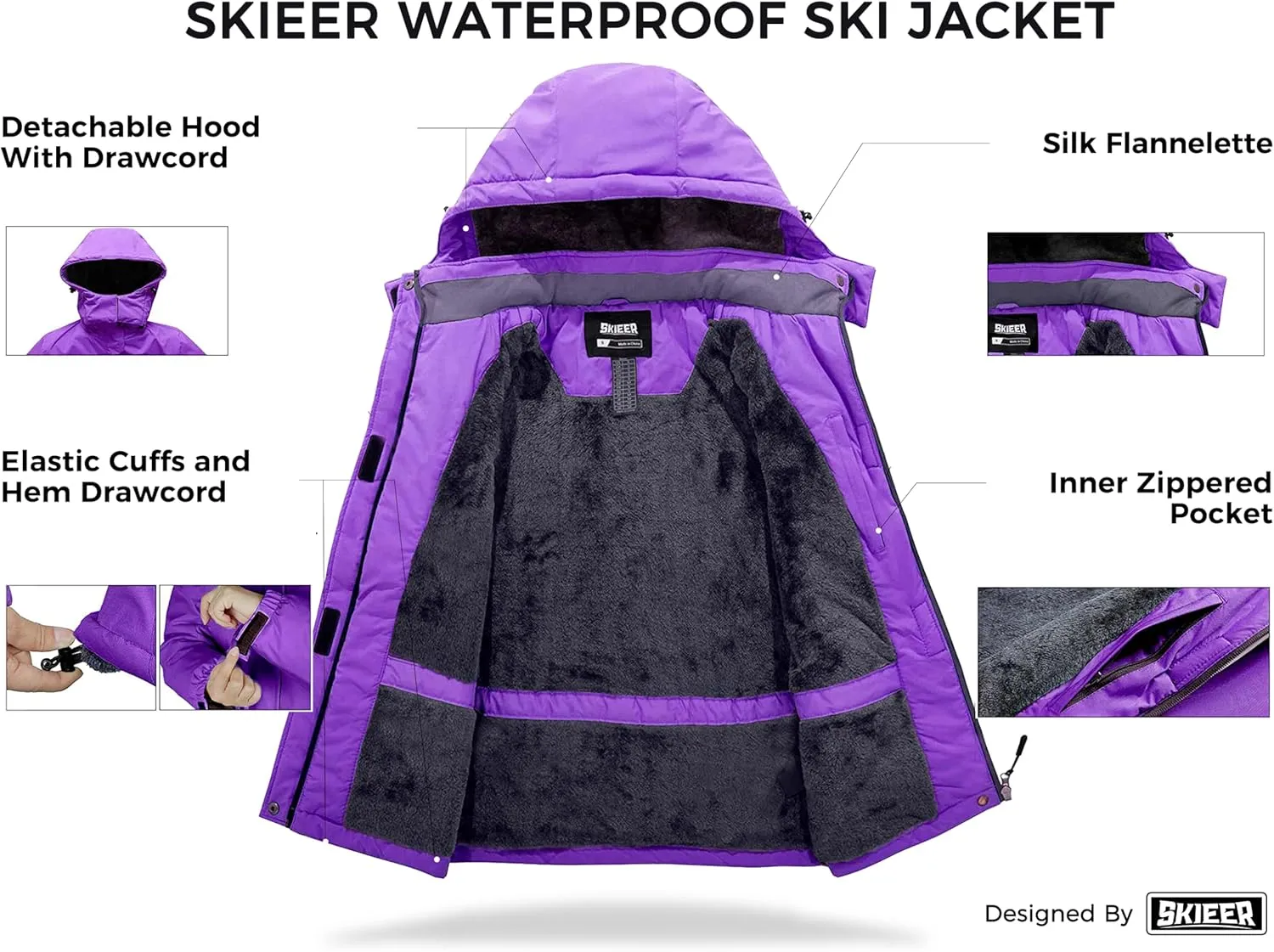 Skieer Women's Ski Jacket Waterproof Windproof Snowboard Jacket Warm Hooded Winter Coat