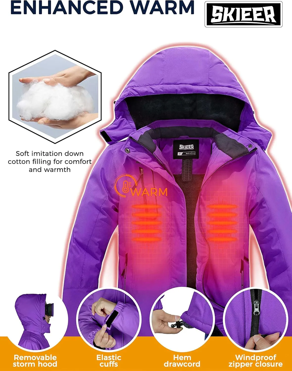 Skieer Women's Ski Jacket Waterproof Windproof Snowboard Jacket Warm Hooded Winter Coat