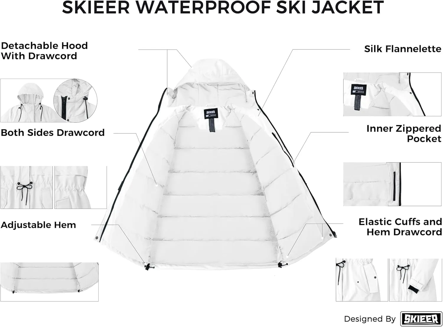 Skieer Women's Waterproof Ski Jacket Hooded Fleece Winter Jacket Warm Snow Coat