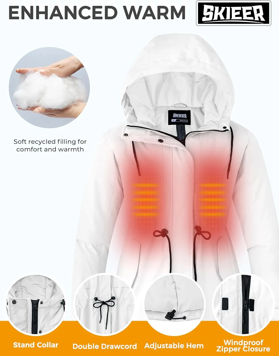 Skieer Women's Waterproof Ski Jacket Hooded Fleece Winter Jacket Warm Snow Coat