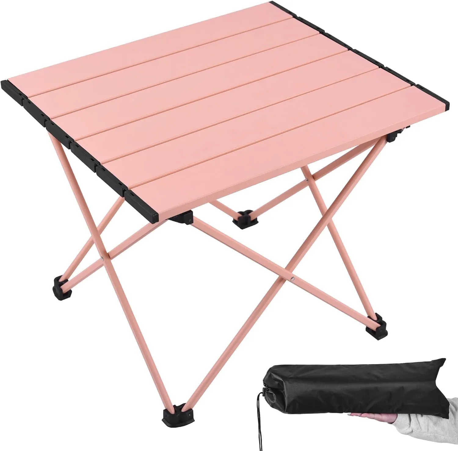 Small Folding Camping Table with Aluminum Table Top, Beach Table for Sand with Carrying Bag, Perfect for Outdoor, Picnic, BBQ, Cooking, Festival, Pink, HUT-48