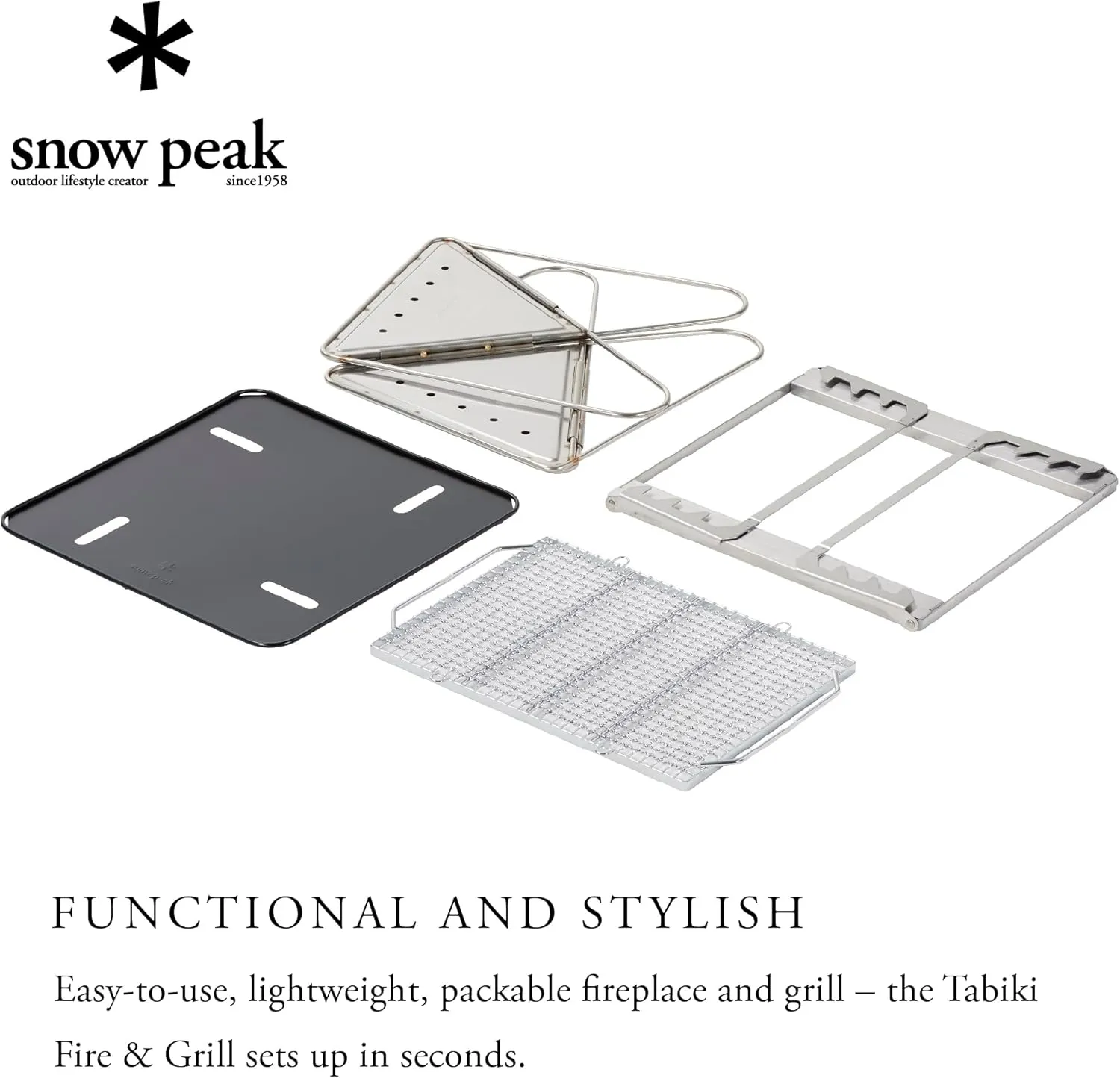 Snow Peak Takibi Fire & Grill, Stainless Steel, Durable, Portable, Foldable, Backyards, Patios, Camping, 5 Piece Set