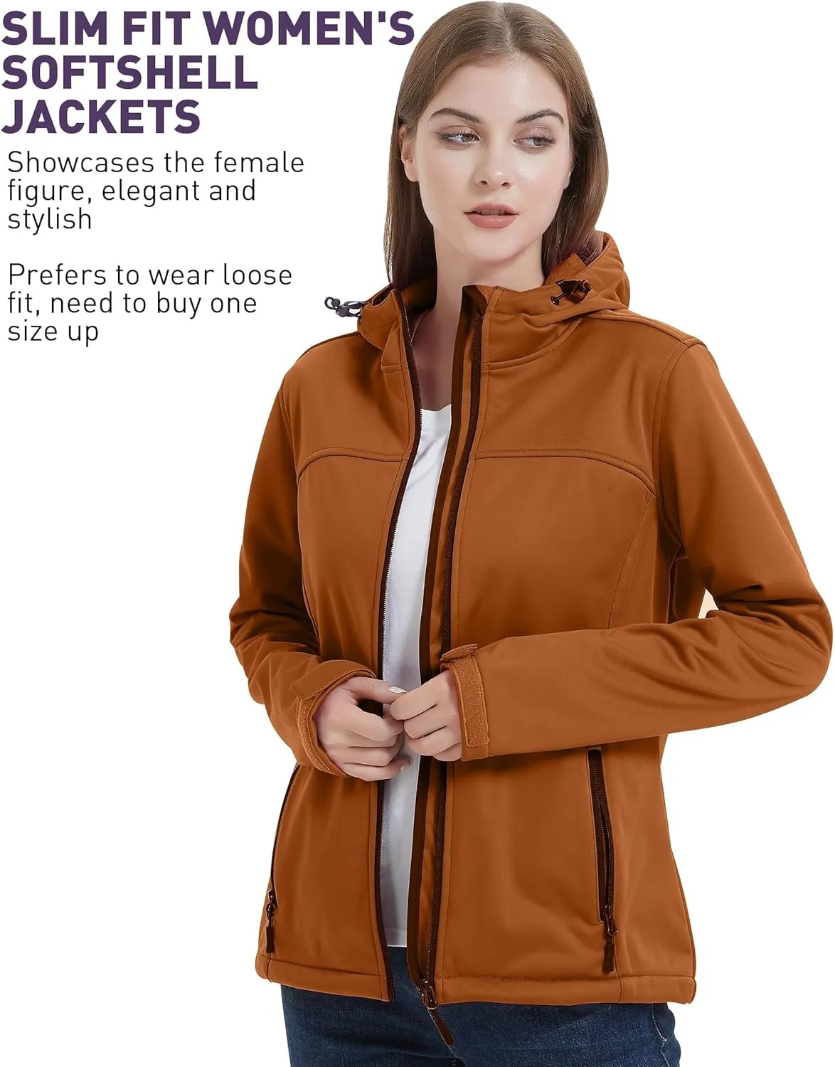 Softshell Jacket Women Fleece Lined Lightweight Jacket Waterproof Coat with Hooded Outdoor Hiking