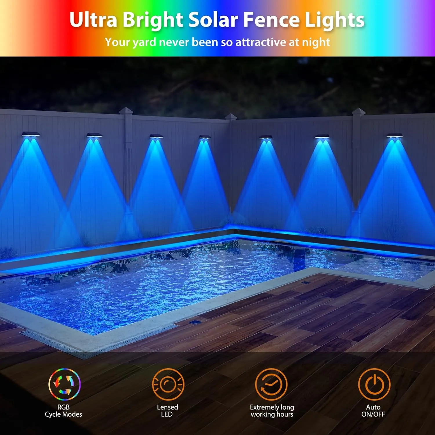 Solar Fence Lights ,RGB & Warm White & 6 Colors Bright Lens LED Dusk to Dawn Deck Light, Fence Solar Lights Outdoor Waterproof, Solar Outdoor Lights for Backyard/Railing/Wall/Step/Patio/Pool (12Pack)