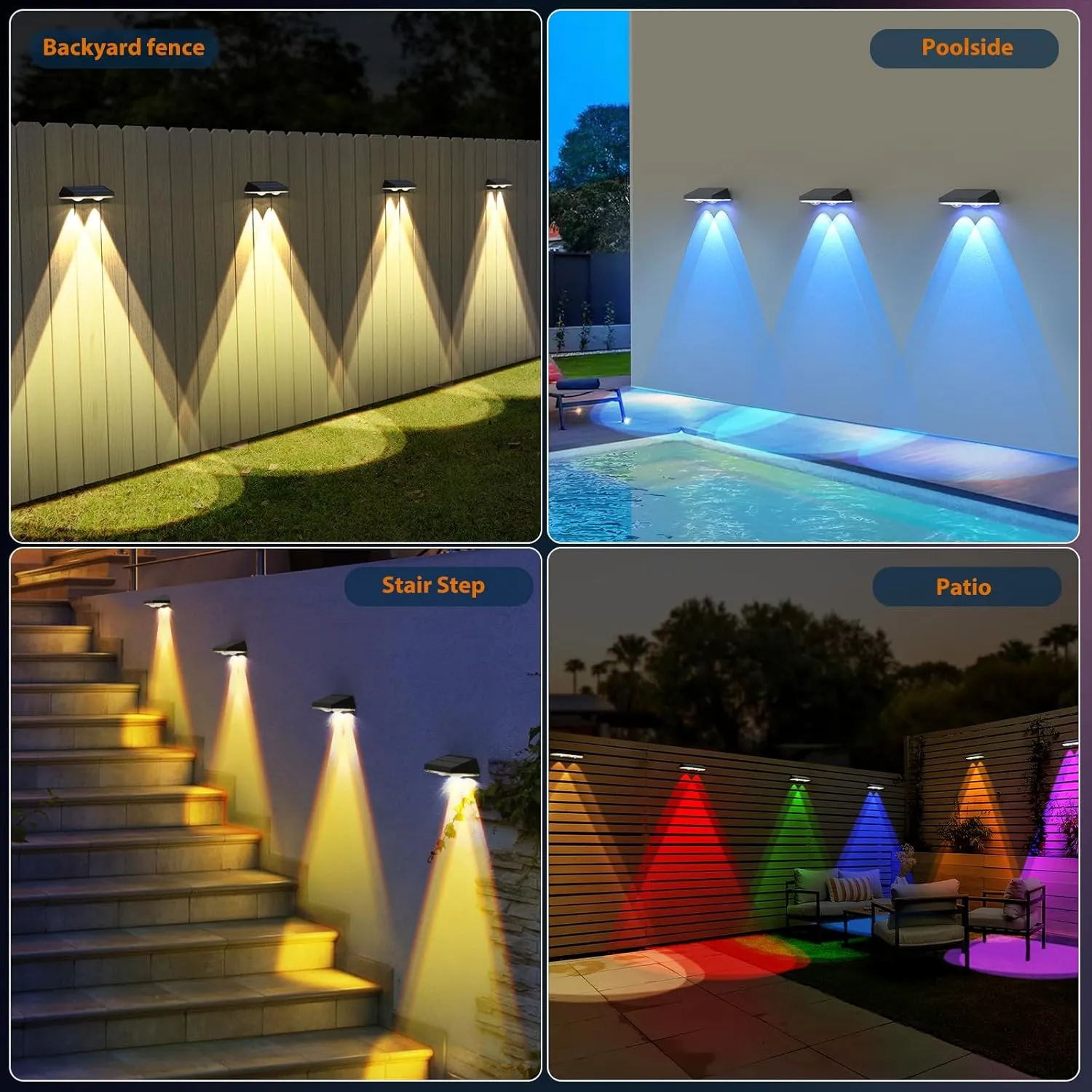 Solar Fence Lights ,RGB & Warm White & 6 Colors Bright Lens LED Dusk to Dawn Deck Light, Fence Solar Lights Outdoor Waterproof, Solar Outdoor Lights for Backyard/Railing/Wall/Step/Patio/Pool (12Pack)