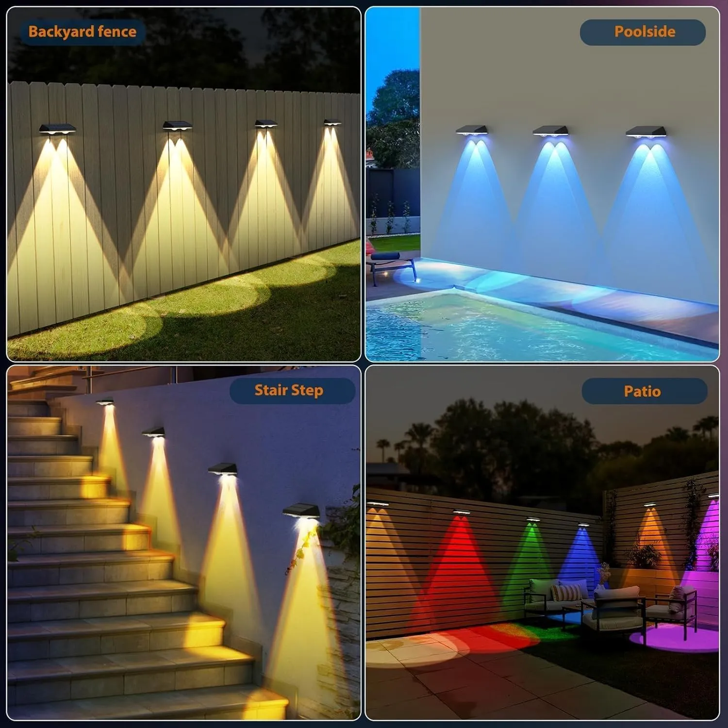 Solar Fence Lights ,RGB & Warm White & 6 Colors Bright Lens LED Dusk to Dawn Deck Light, Fence Solar Lights Outdoor Waterproof, Solar Outdoor Lights for Backyard/Railing/Wall/Step/Patio/Pool (12Pack)