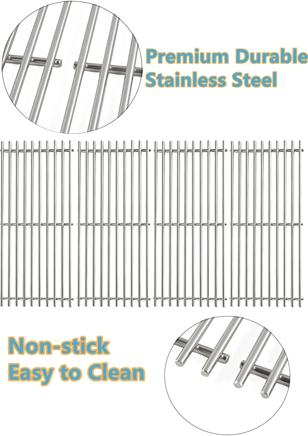Solid Stainless Steel BBQ Grill Grates for Bull Most Models 19.25" x 7.5" OEM 16517, Outlaw 26038,26039, Steer Premium 69008,69009, Lonestar Select 87048,87049, 7 Burner Premium 18248,18249, Set of 4