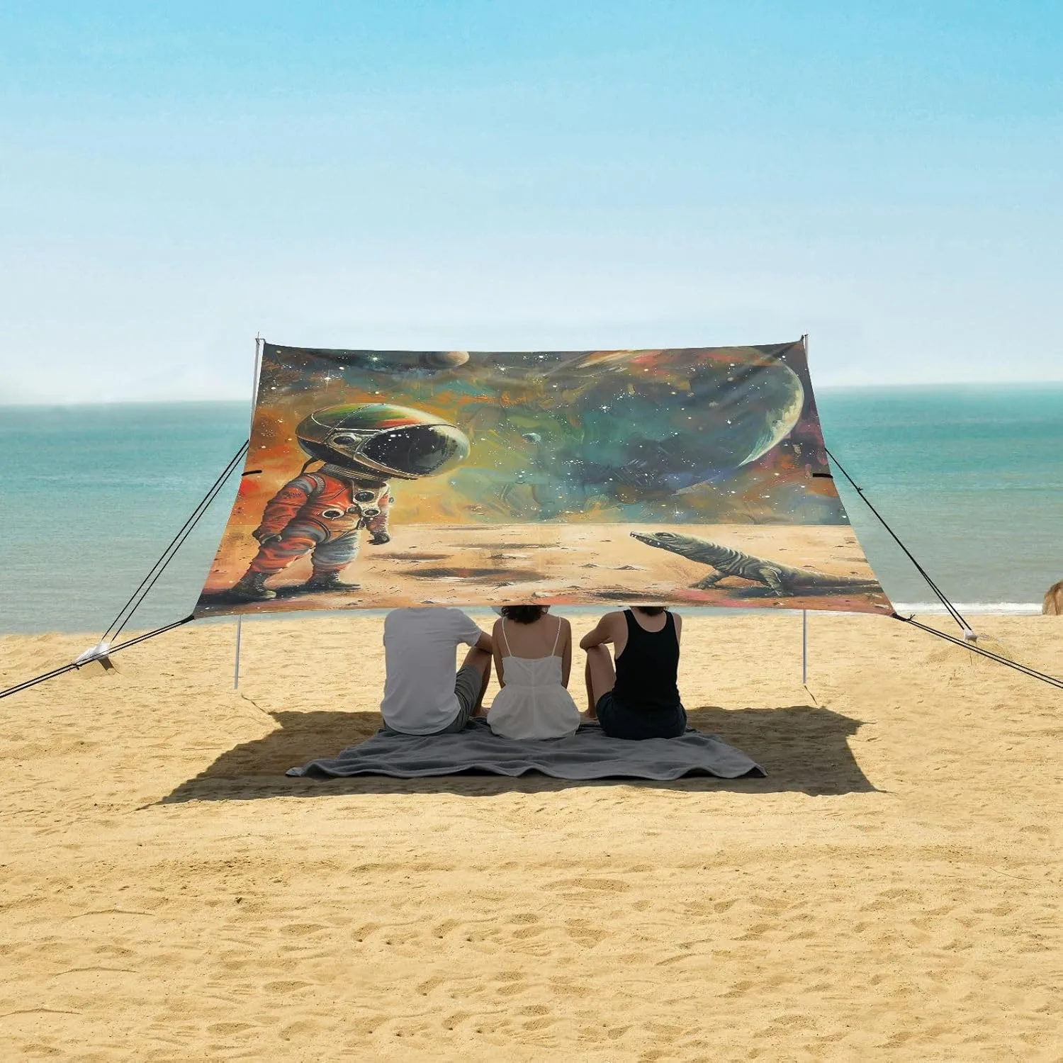 Space Astronaut Beach Canopy Tent Outdoor Sun Shade Patio Pool Camping Sun Shelter 9.2 × 10.5 FT Sunshade with Sandbags Anchor