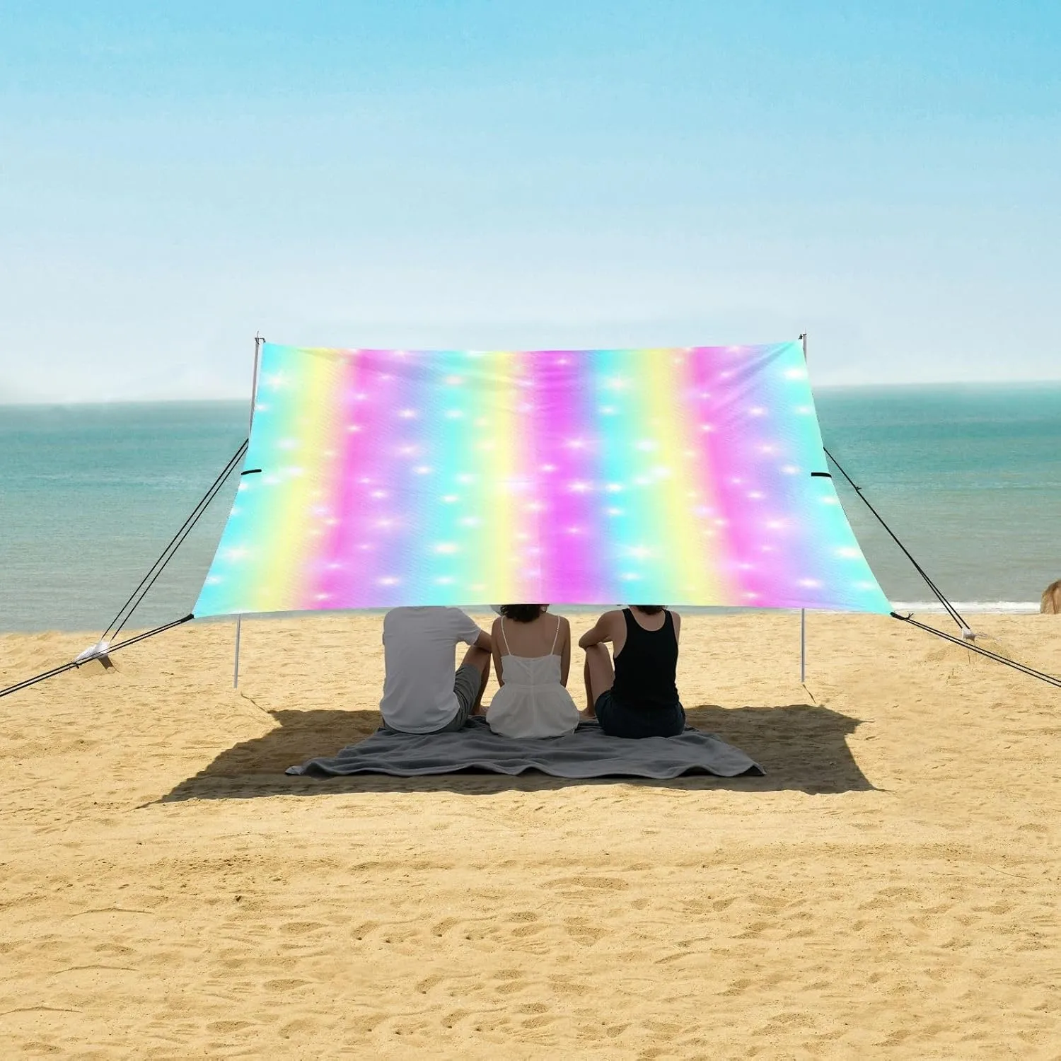 Sparkles and Fish Scales Beach Canopy Tent Anti-UV & Wind Resistant, Shiny Rainbow Camping Sun Shelter Easy Setup Portable,Outdoor Shade Tents with Sandbags,Sand Shovels,Ground Pegs & Stability