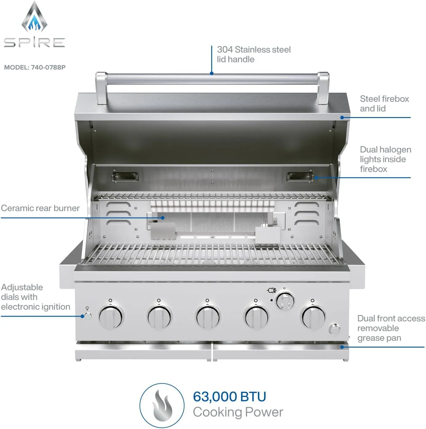 Spire Premium 5 Burner Built In Gas Grill Island Head, Stainless Steel 30 Inch Propane Grill with Rear Burner, 63,000 BTUs, 750 SQ In Racks, Dual Fuel Compatibility - 740-0788P