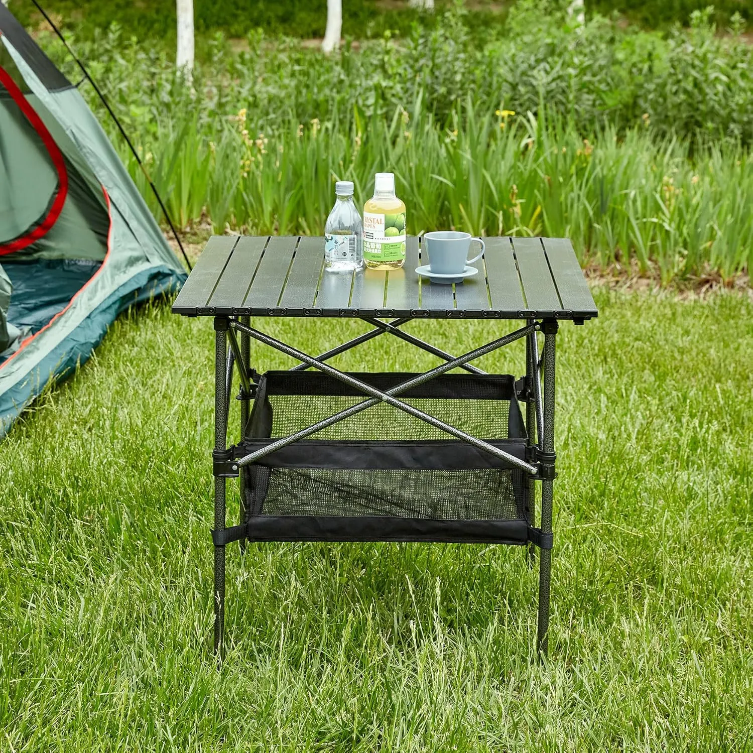 Square Folding Aluminum Table, Lightweight Roll Up Design Portable Outdoor Table with Carry Bag, 120lb Capacity, Water Resistant Surface for Camping, BBQ, Patio, Beach, Black