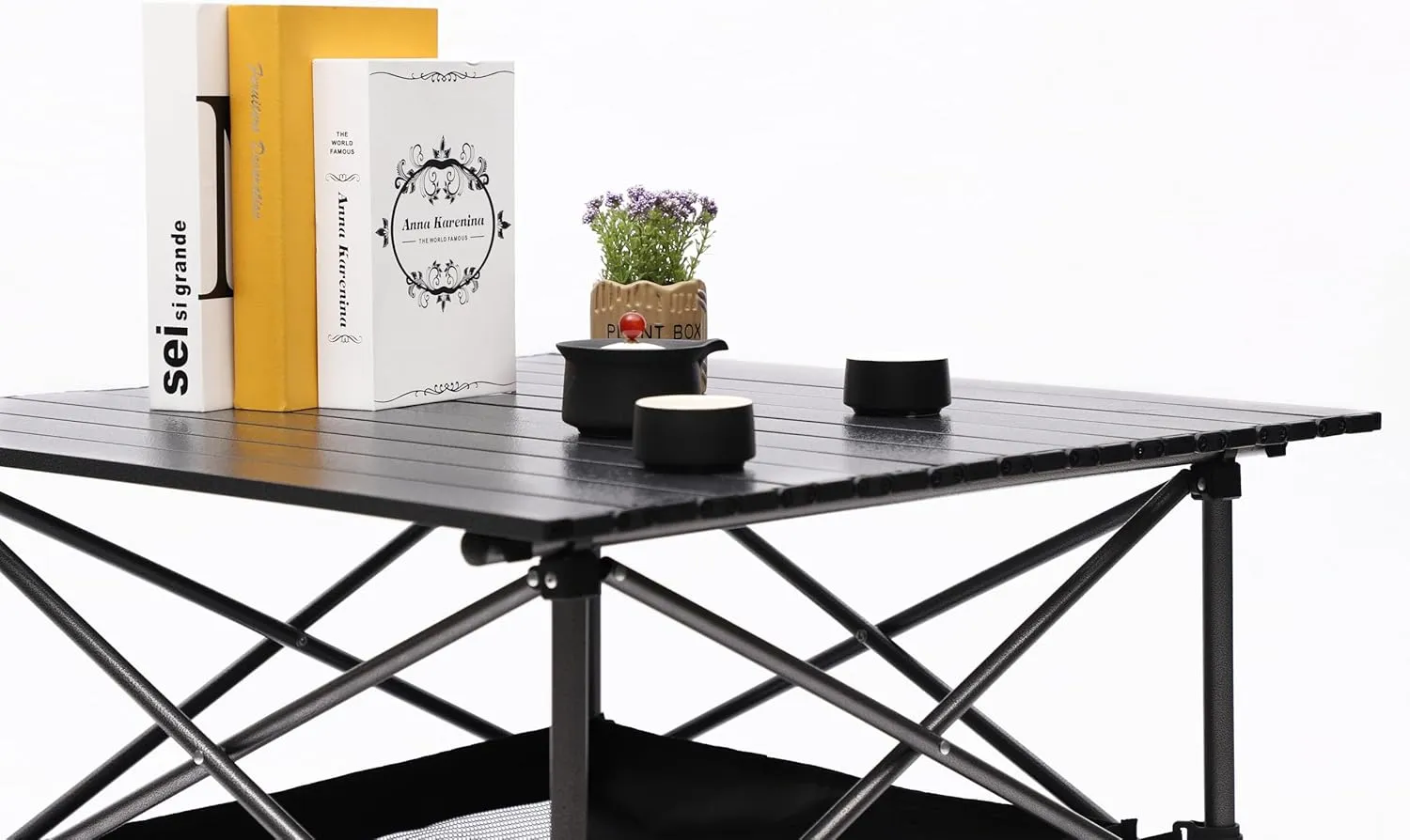 Square Folding Aluminum Table, Lightweight Roll Up Design Portable Outdoor Table with Carry Bag, 120lb Capacity, Water Resistant Surface for Camping, BBQ, Patio, Beach, Black