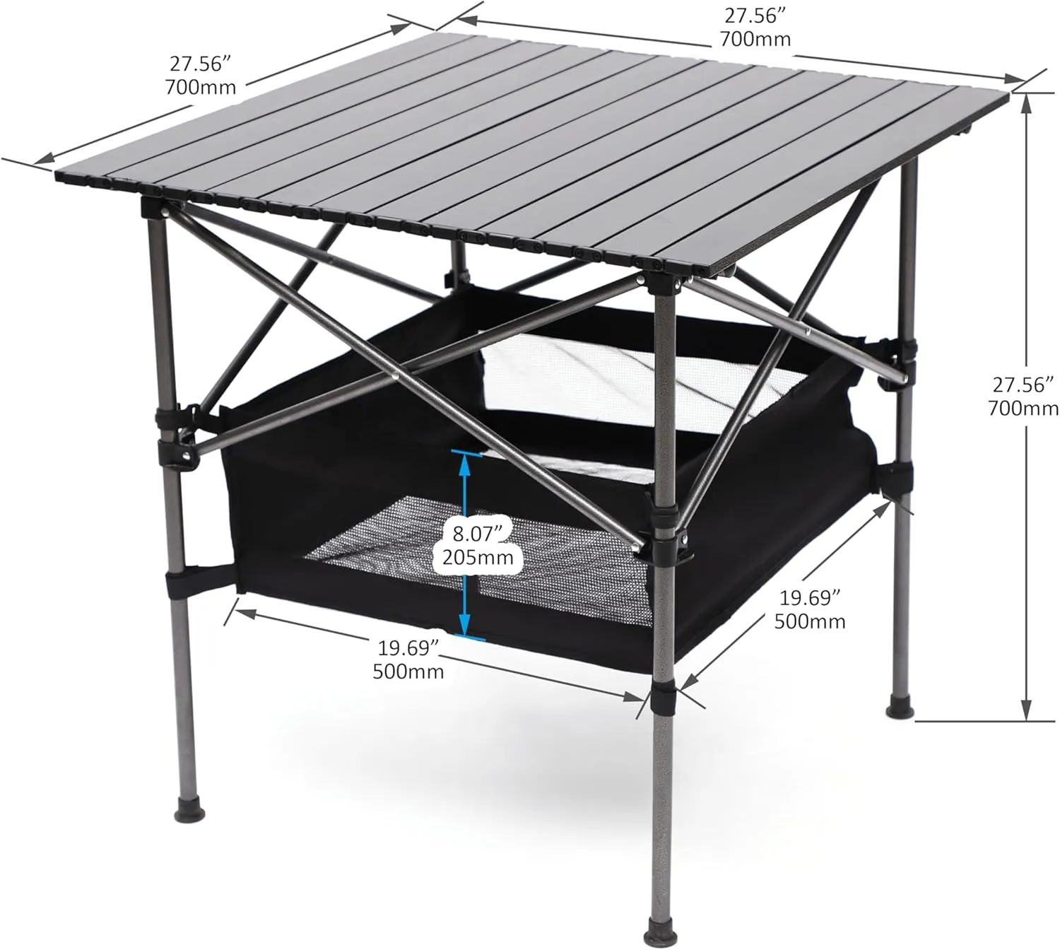 Square Folding Aluminum Table, Lightweight Roll Up Design Portable Outdoor Table with Carry Bag, 120lb Capacity, Water Resistant Surface for Camping, BBQ, Patio, Beach, Black