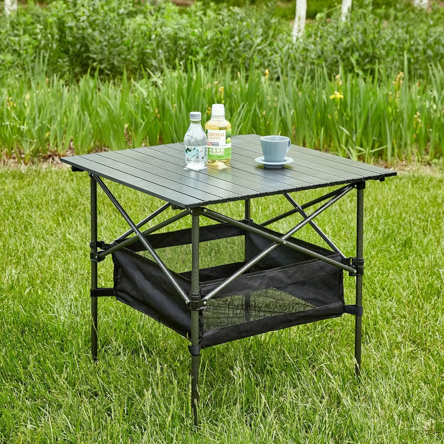 Square Folding Aluminum Table, Lightweight Roll Up Design Portable Outdoor Table with Carry Bag, 120lb Capacity, Water Resistant Surface for Camping, BBQ, Patio, Beach, Black