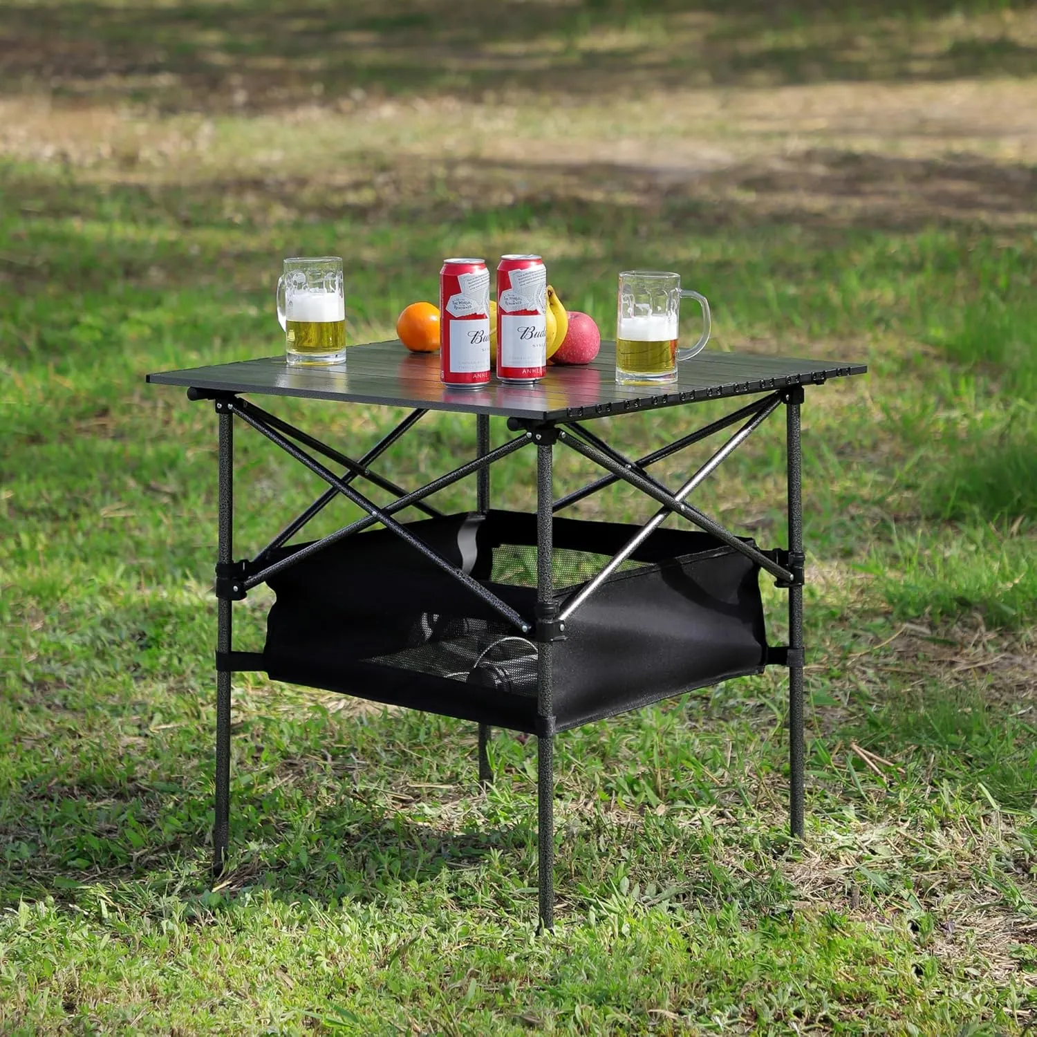 Square Folding Aluminum Table, Lightweight Roll Up Design Portable Outdoor Table with Carry Bag, 120lb Capacity, Water Resistant Surface for Camping, BBQ, Patio, Beach, Black