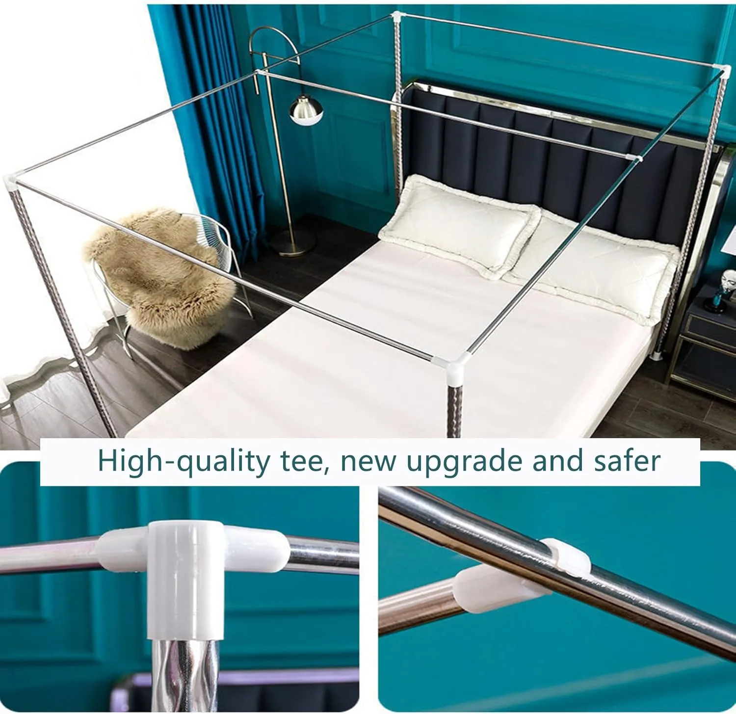 Square One Piece 4 Corner Mosquito Netting Bracket, Stainless Steel Mosquito Net Frame, Bed Stand Canopy Post with Curtain, for Bed,B,Twin