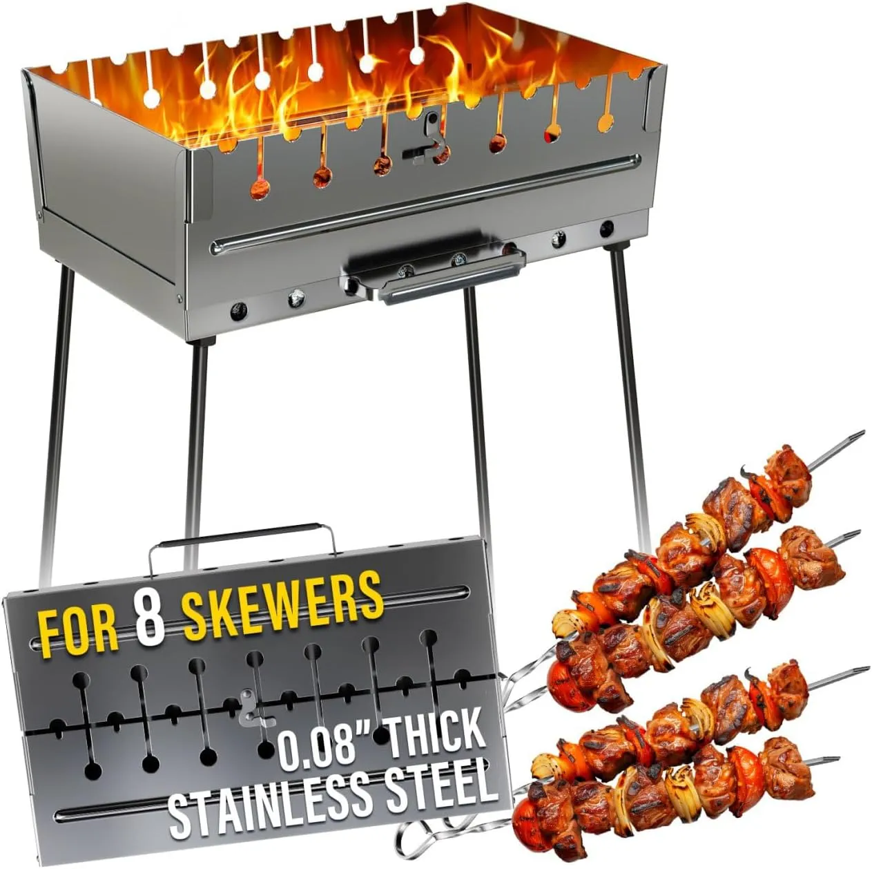 Stainless Steel Charcoal Grill for 8 Skewers – Portable BBQ 16.93"×9.45"×16.93" – Foldable Kabob Mangal – Rustproof Shish Kebab Grill for Outdoor Cooking