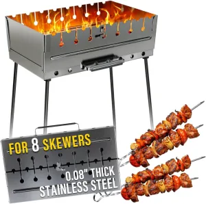 Stainless Steel Charcoal Grill for 8 Skewers – Portable BBQ 16.93"×9.45"×16.93" – Foldable Kabob Mangal – Rustproof Shish Kebab Grill for Outdoor Cooking