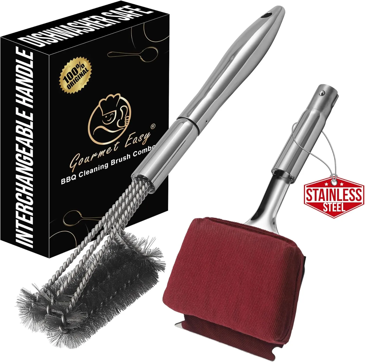 Stainless Steel Grill Brush Cleaning Kit, Grilling Accessories for Grill Cleaning, Interchangeable BBQ Brush, Griddle Scraper with Fire-Resistant Grill Cleaning Sponge, Dishwasher Safe Grill Cleaner