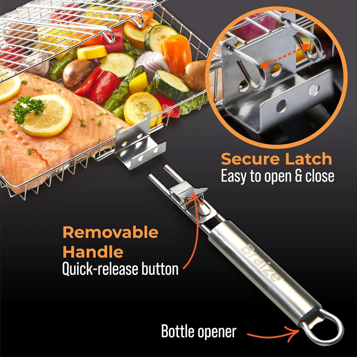 Stainless Steel Large Grill Basket with Easy Open/Close Lid, Removable Handle, Silicone Basting Brush, and Steel-fiber Scrub Sponge - 12.25 x 9.5 x 1.5 Inches - Includes Carry/Storage Bag