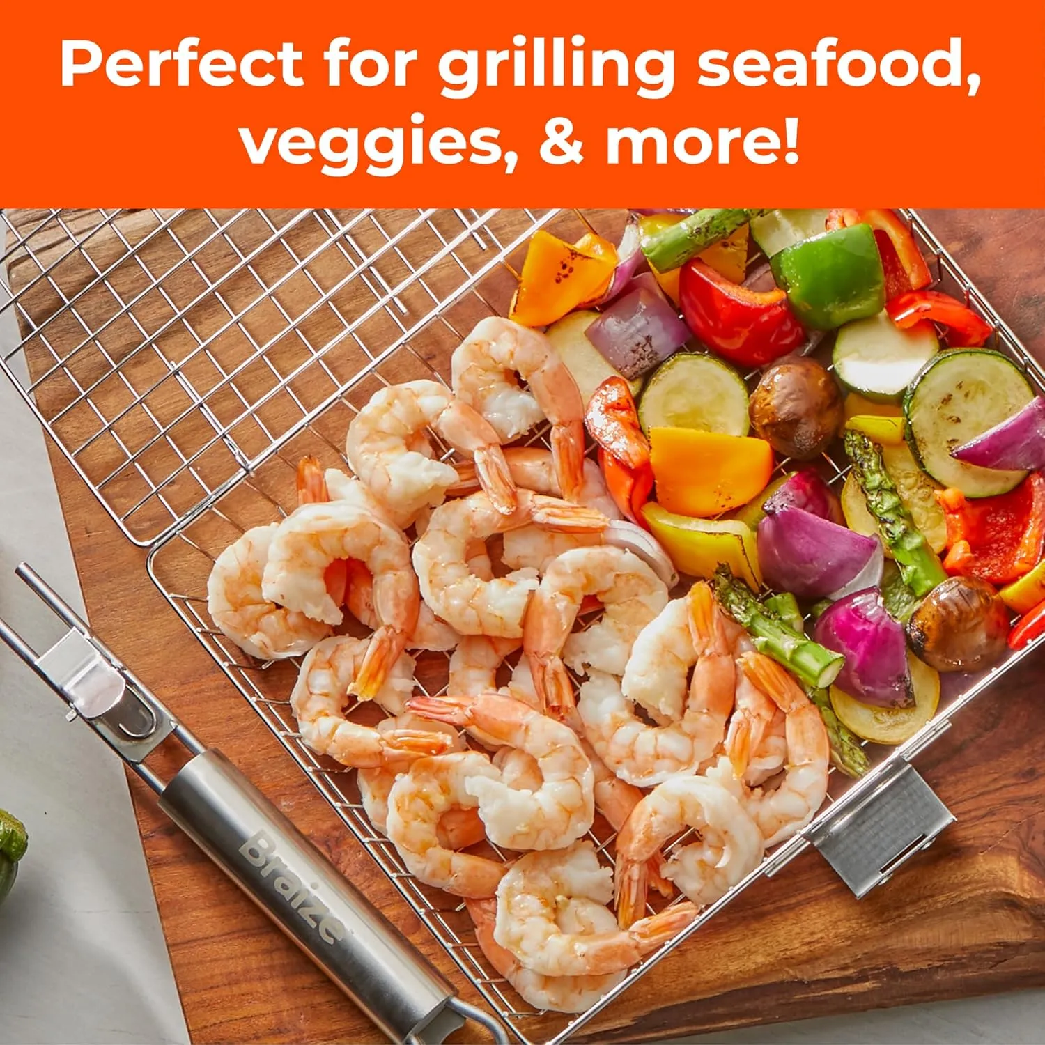 Stainless Steel Large Grill Basket with Easy Open/Close Lid, Removable Handle, Silicone Basting Brush, and Steel-fiber Scrub Sponge - 12.25 x 9.5 x 1.5 Inches - Includes Carry/Storage Bag