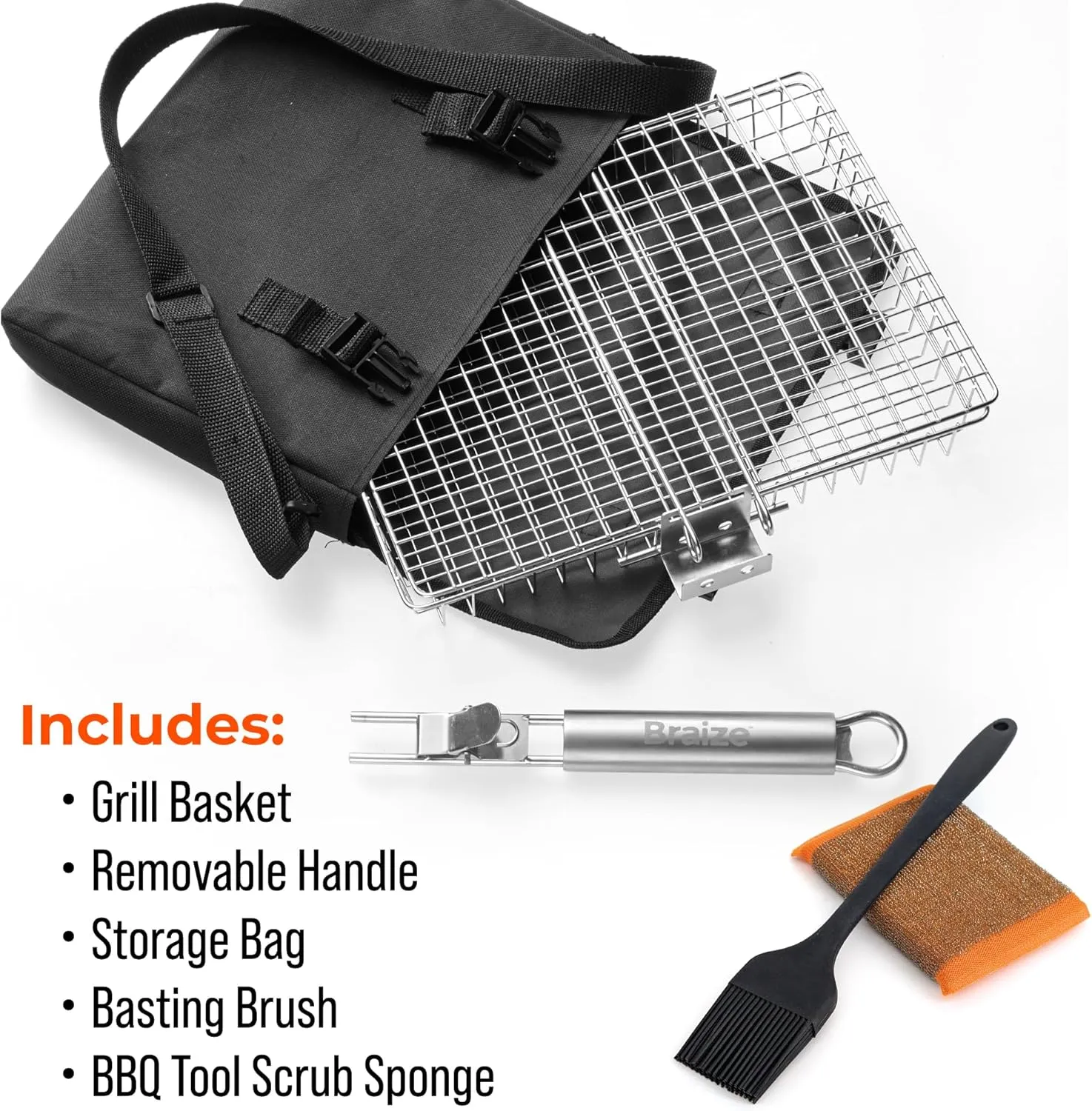 Stainless Steel Large Grill Basket with Easy Open/Close Lid, Removable Handle, Silicone Basting Brush, and Steel-fiber Scrub Sponge - 12.25 x 9.5 x 1.5 Inches - Includes Carry/Storage Bag