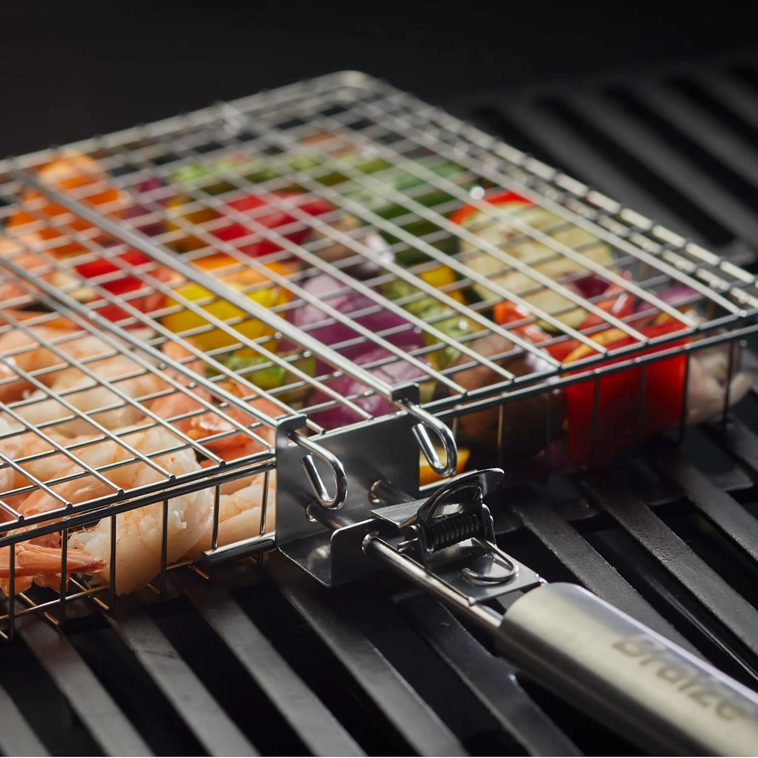 Stainless Steel Large Grill Basket with Easy Open/Close Lid, Removable Handle, Silicone Basting Brush, and Steel-fiber Scrub Sponge - 12.25 x 9.5 x 1.5 Inches - Includes Carry/Storage Bag