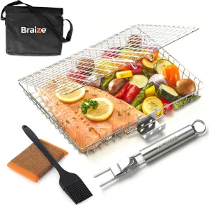 Stainless Steel Large Grill Basket with Easy Open/Close Lid, Removable Handle, Silicone Basting Brush, and Steel-fiber Scrub Sponge - 12.25 x 9.5 x 1.5 Inches - Includes Carry/Storage Bag