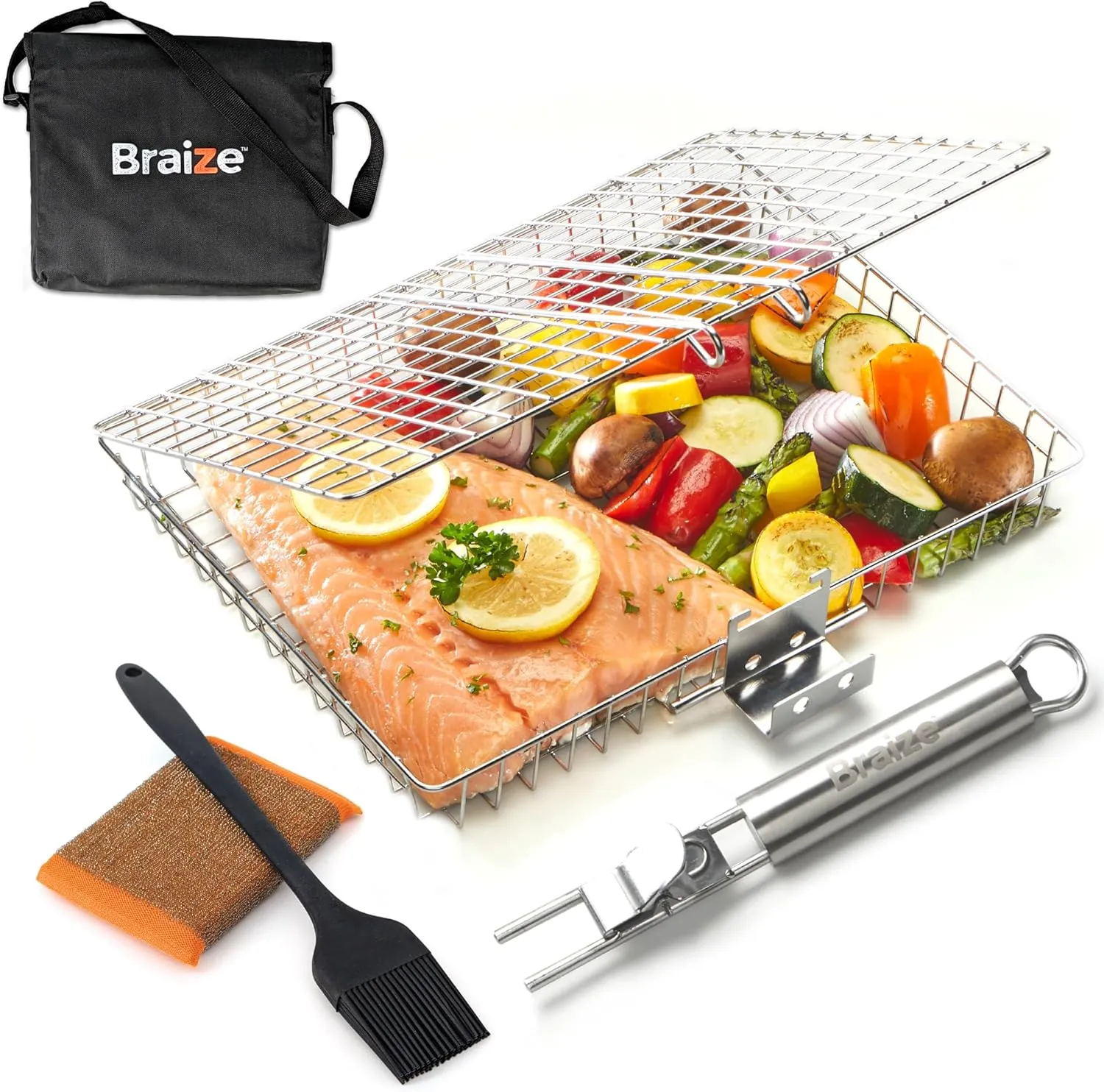 Stainless Steel Large Grill Basket with Easy Open/Close Lid, Removable Handle, Silicone Basting Brush, and Steel-fiber Scrub Sponge - 12.25 x 9.5 x 1.5 Inches - Includes Carry/Storage Bag