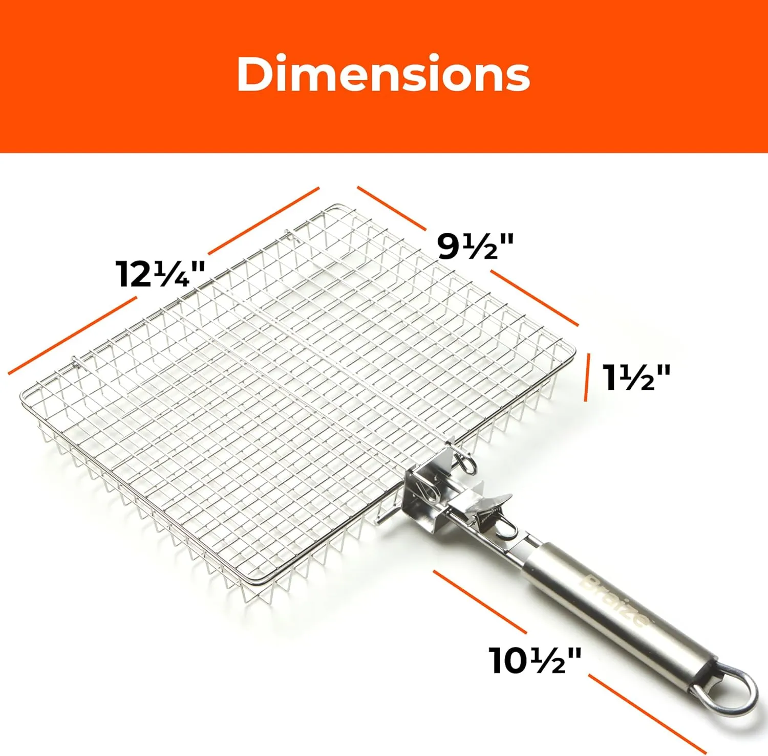 Stainless Steel Large Grill Basket with Easy Open/Close Lid, Removable Handle, Silicone Basting Brush, and Steel-fiber Scrub Sponge - 12.25 x 9.5 x 1.5 Inches - Includes Carry/Storage Bag