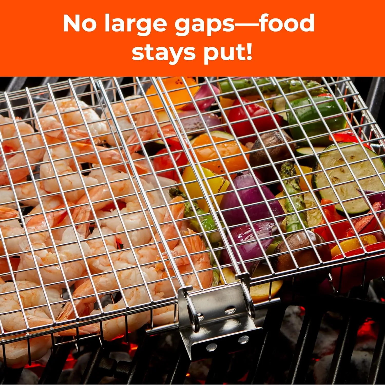 Stainless Steel Large Grill Basket with Easy Open/Close Lid, Removable Handle, Silicone Basting Brush, and Steel-fiber Scrub Sponge - 12.25 x 9.5 x 1.5 Inches - Includes Carry/Storage Bag