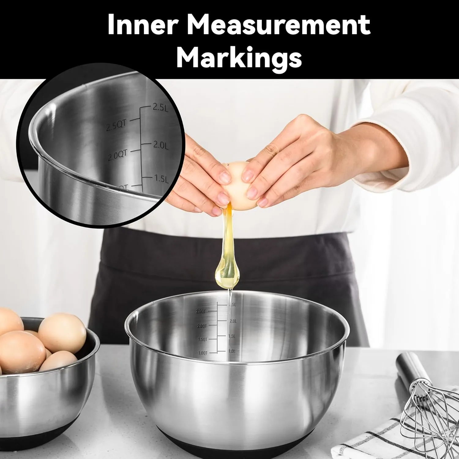 Stainless Steel Mixing Bowls with Airtight Lids Set of 5, Nesting Mixing Bowls for Kitchen, Black, Dishwasher Safe, Non-Slip, Multi-Purpose for Cooking, Baking, Prepping & Food Storage