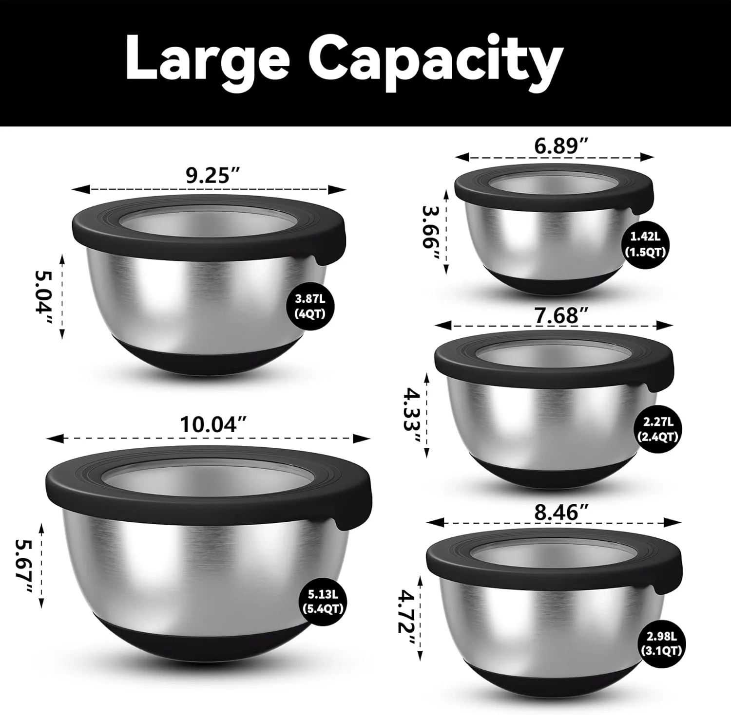 Stainless Steel Mixing Bowls with Airtight Lids Set of 5, Nesting Mixing Bowls for Kitchen, Black, Dishwasher Safe, Non-Slip, Multi-Purpose for Cooking, Baking, Prepping & Food Storage