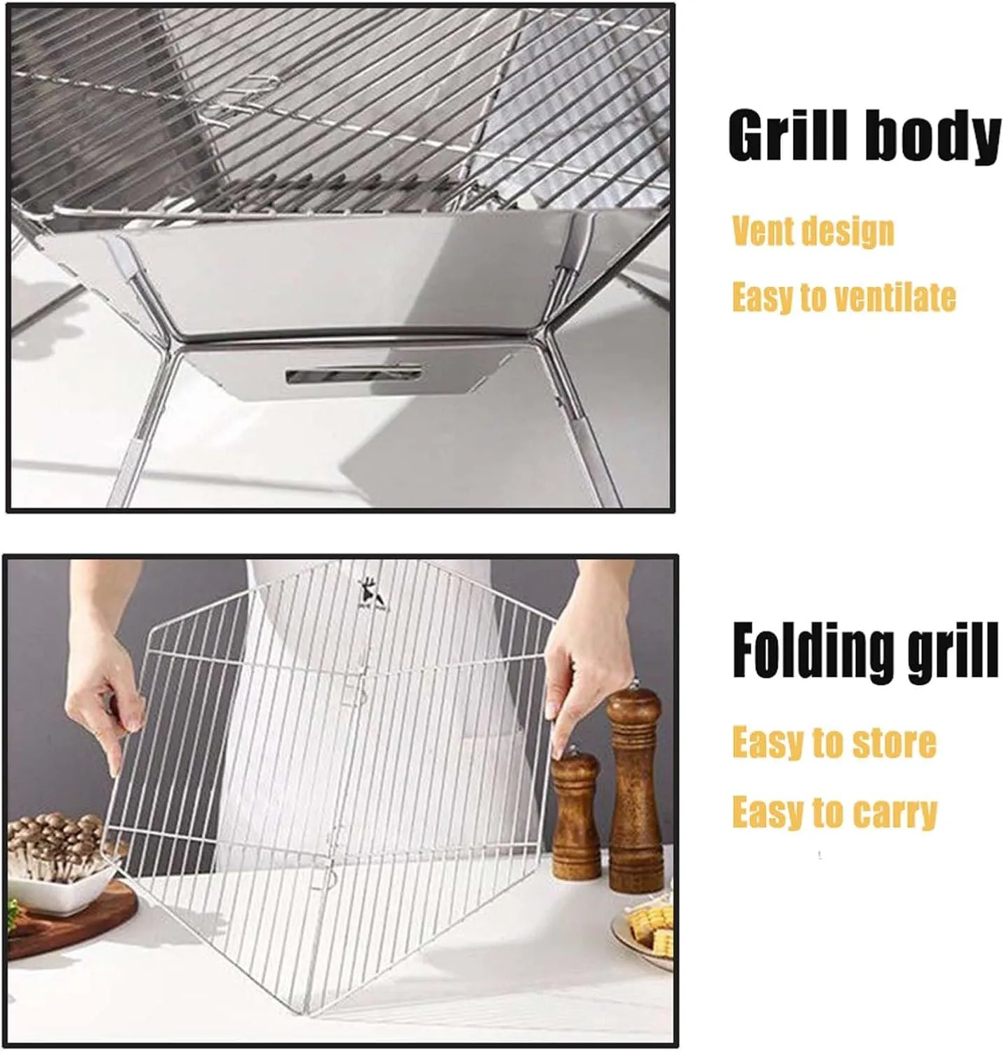 Stainless Steel Outdoor BBQ Grill, Foldable Charcoal Grill with Anti-Slip Feet, Portable for Camping, Beach & Backyard, Even Heat Distribution (B Heightened)