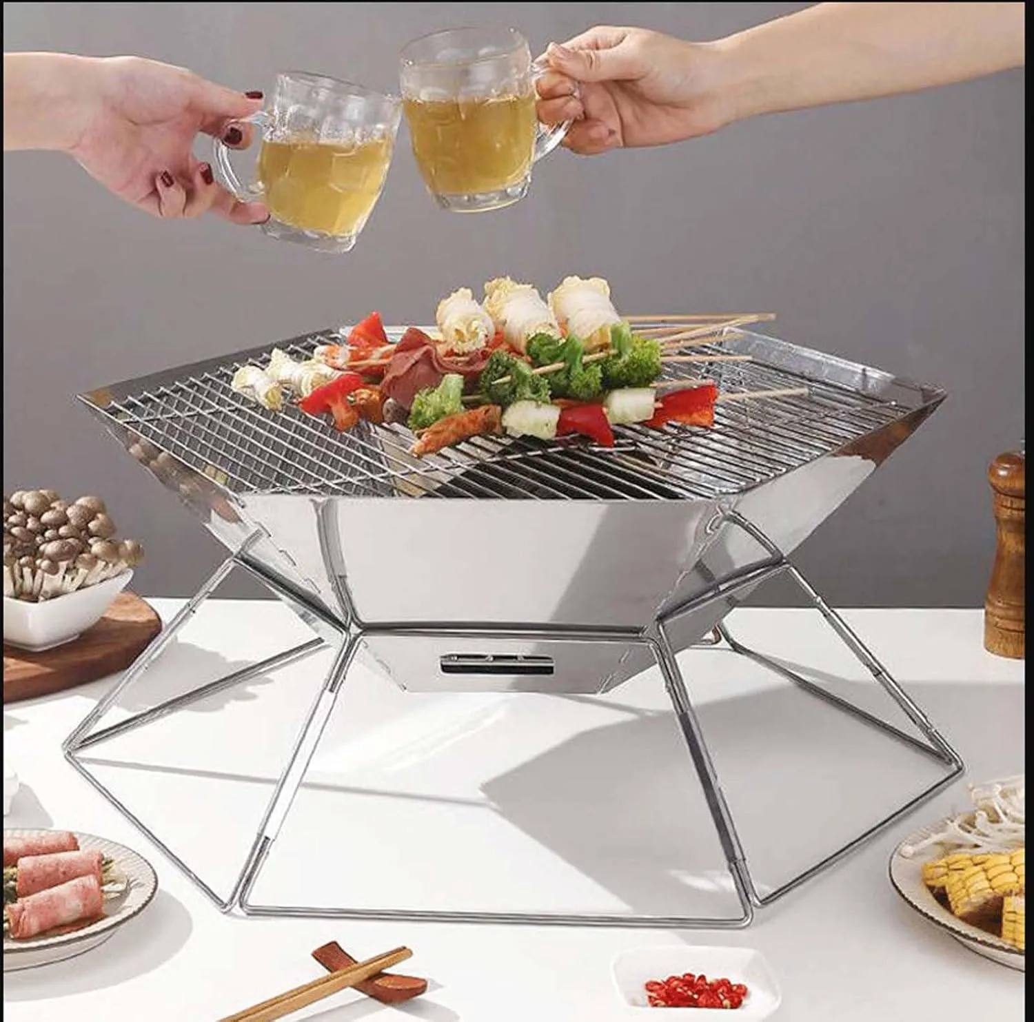 Stainless Steel Outdoor BBQ Grill, Foldable Charcoal Grill with Anti-Slip Feet, Portable for Camping, Beach & Backyard, Even Heat Distribution (B Heightened)