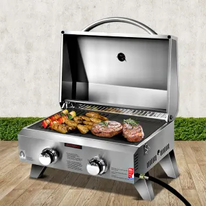 Stainless Steel Portable Gas LPG BBQ Twin Burner with Grill Plate Set
